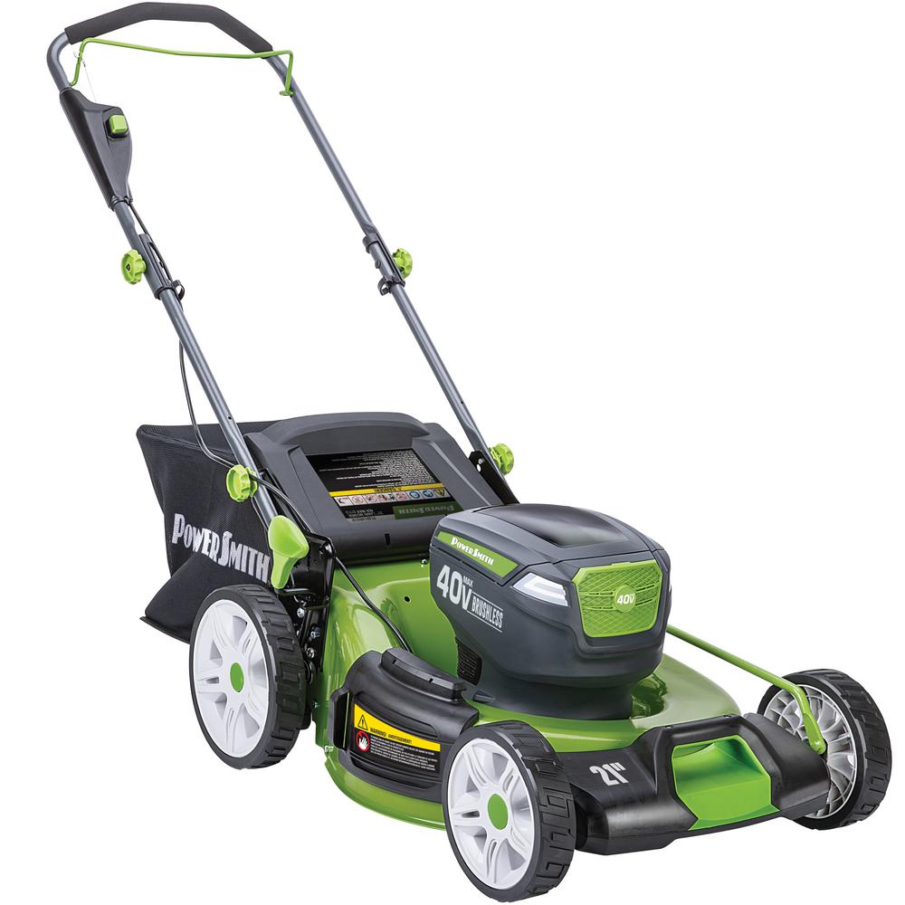 PowerSmith 12 in. 40-Volt Cordless Lithium-Ion Lawn Mower with LED Headlights, 2 Batteries and Charger PLM14021H