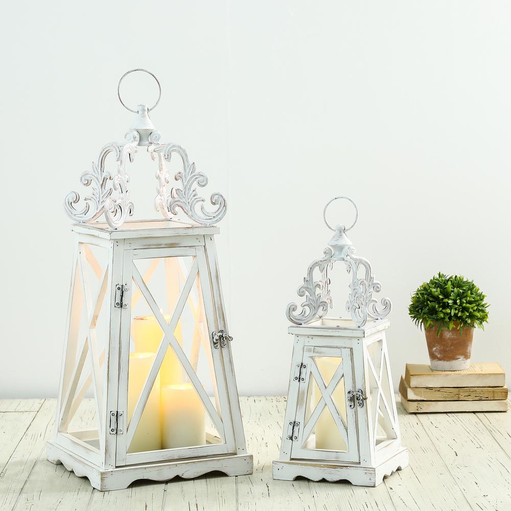 Glitzhome Wash White Farmhouse Modern Wooden Lanterns With 3d Metal 