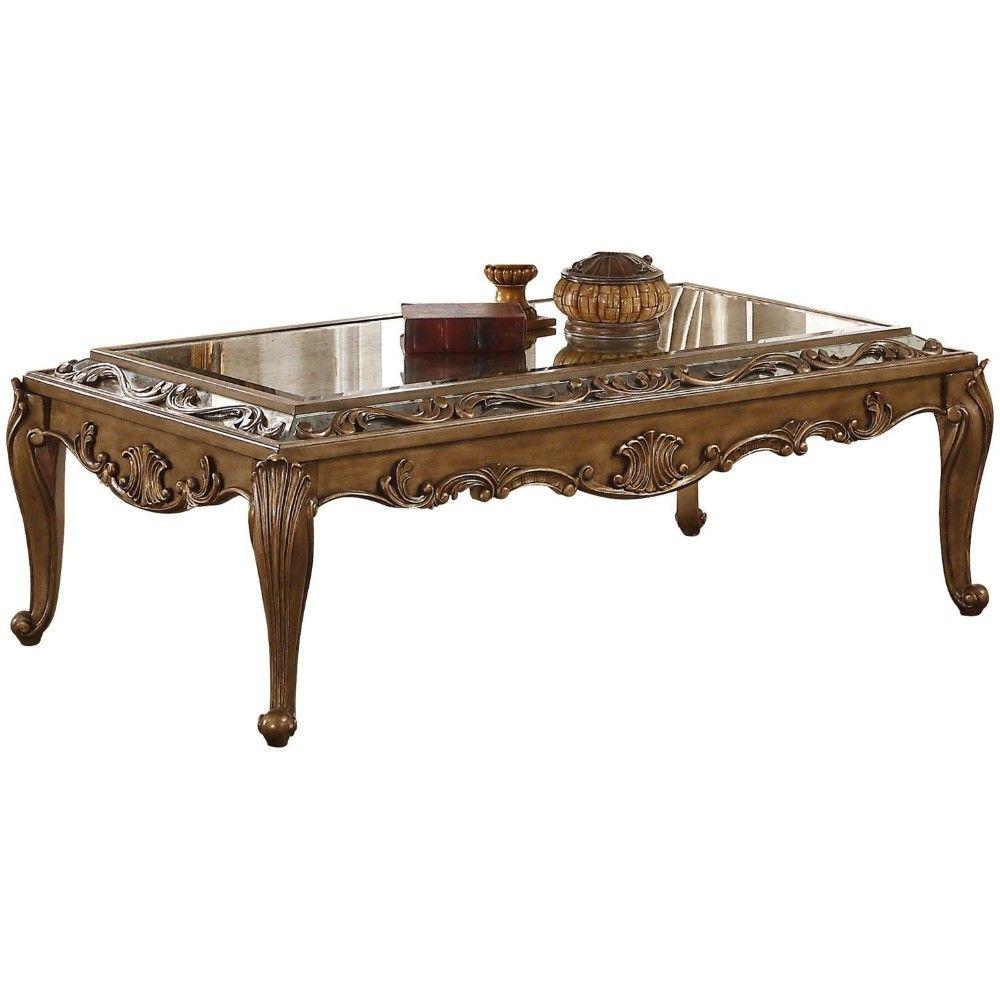 Benjara Traditional Gold Rectangular Wooden Coffee Table with Mirrored ...