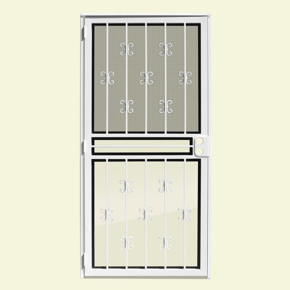 Unique Home Designs 36 In X 80 In Moorish Lace White Recessed Mount All Season Security Door With Insect Screen And Glass Inserts