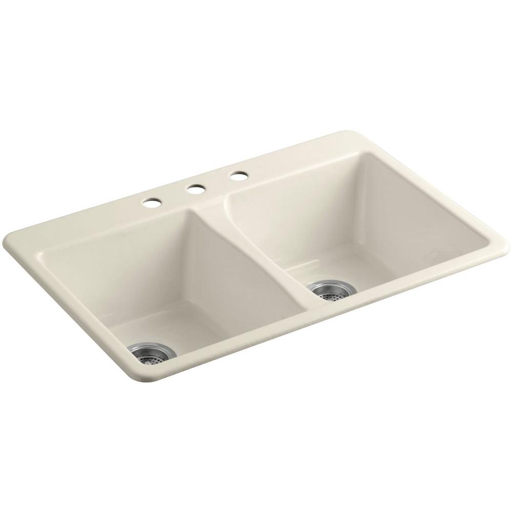 KOHLER Deerfield DropIn CastIron 33 in. 3Hole Double Bowl Kitchen