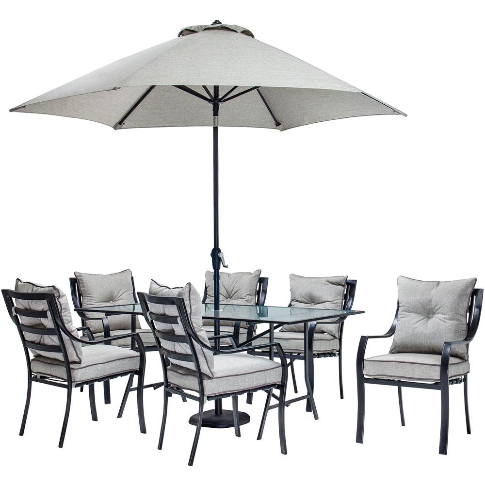 Lavallette 7 Piece Glass Top Rectangular Patio Dining Set With Umbrella Base And Silver Linings Cushions