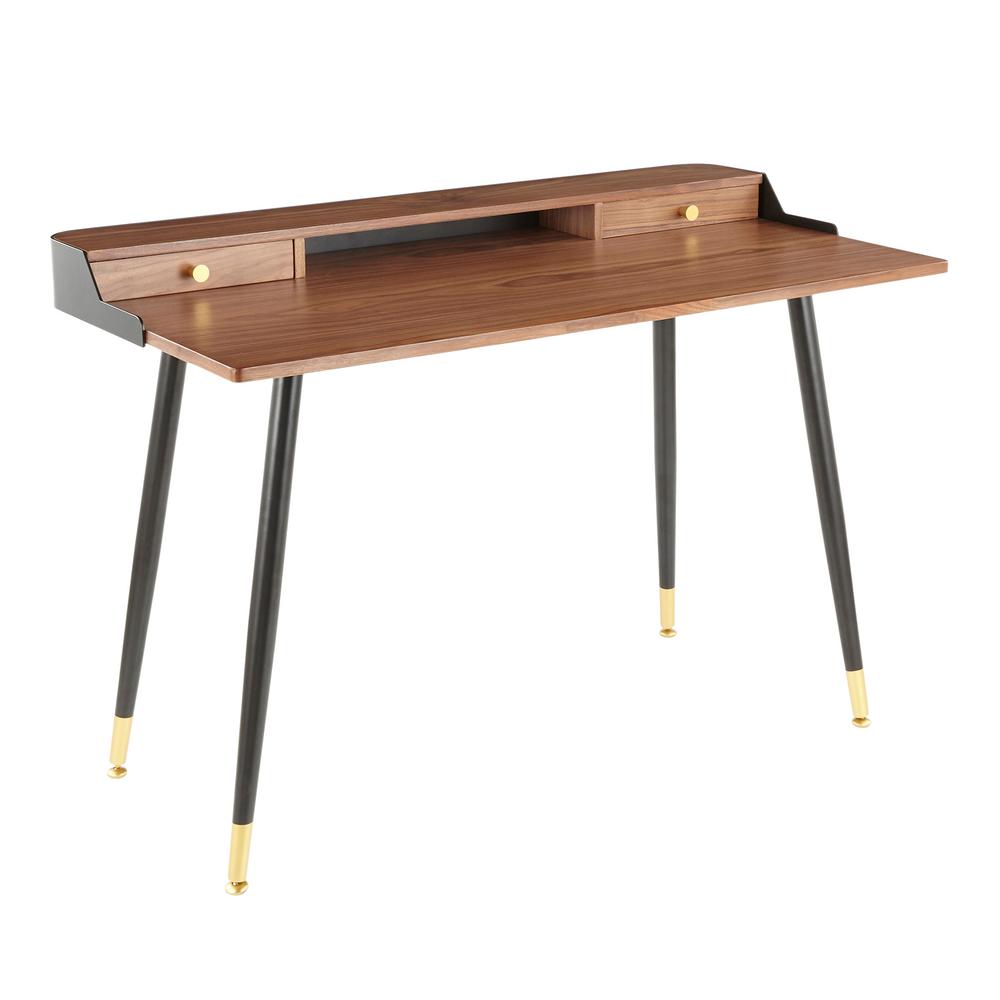 Lumisource 48 in. Rectangular Walnut/Black/Gold 2 Drawer Writing Desk