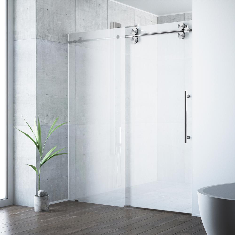 VIGO Elan 56 to 60 in. x 74 in. Frameless Sliding Shower Door in Stainless Steel with Frosted Glass Right Side Door Opening
