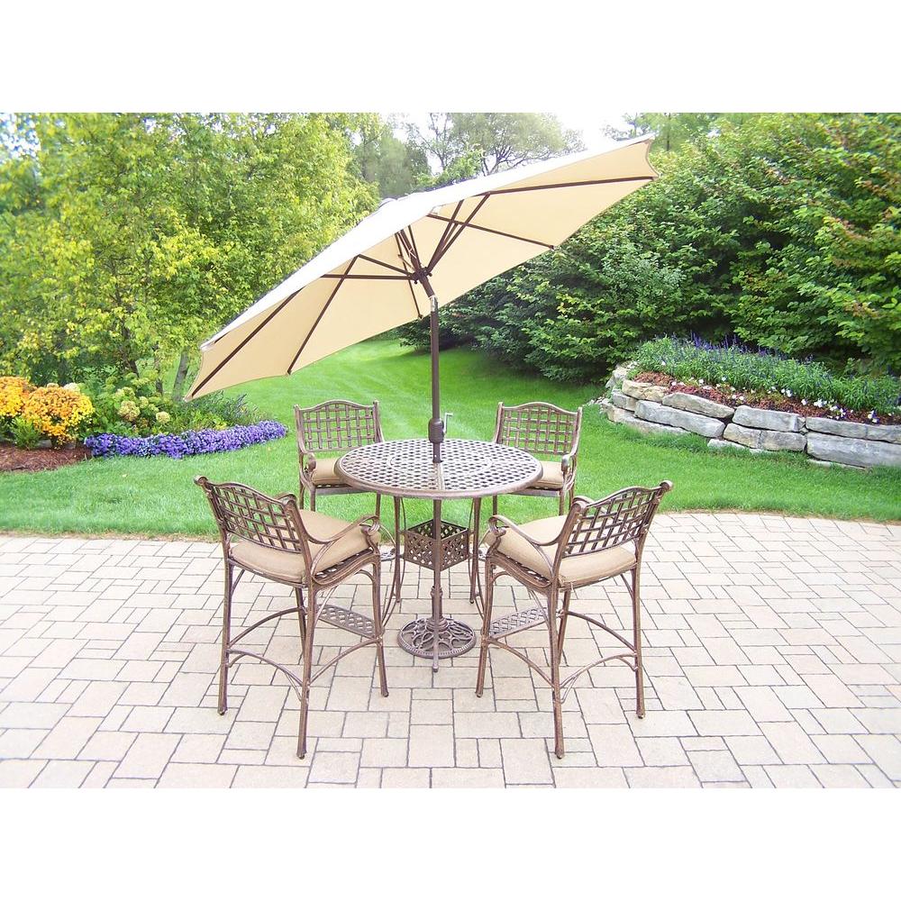 Oakland Living Elite Cast Aluminum 7 Piece Round Patio Bar Height Dining Set With Oatmeal Cushions And Umbrella Oakland Living Elite Cast Aluminum 7 Piece Round Patio Bar Height Dining Set With Oatmeal Cushions And Umbrella
