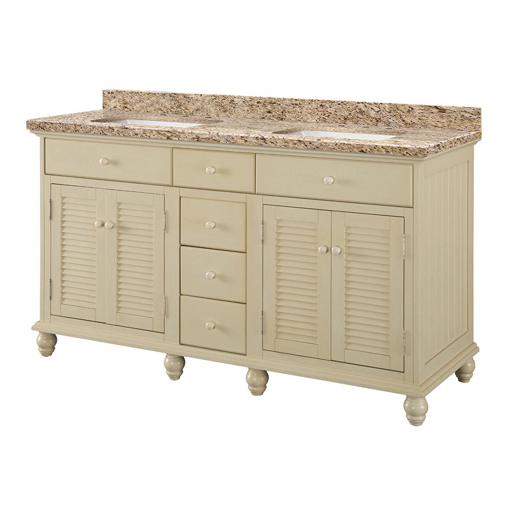Home Decorators Collection Cottage 61 in. W x 22 in. D Vanity in Antique White with Granite Vanity Top in Giallo Ornamental with White Sink was $1799.0 now $1259.3 (30.0% off)