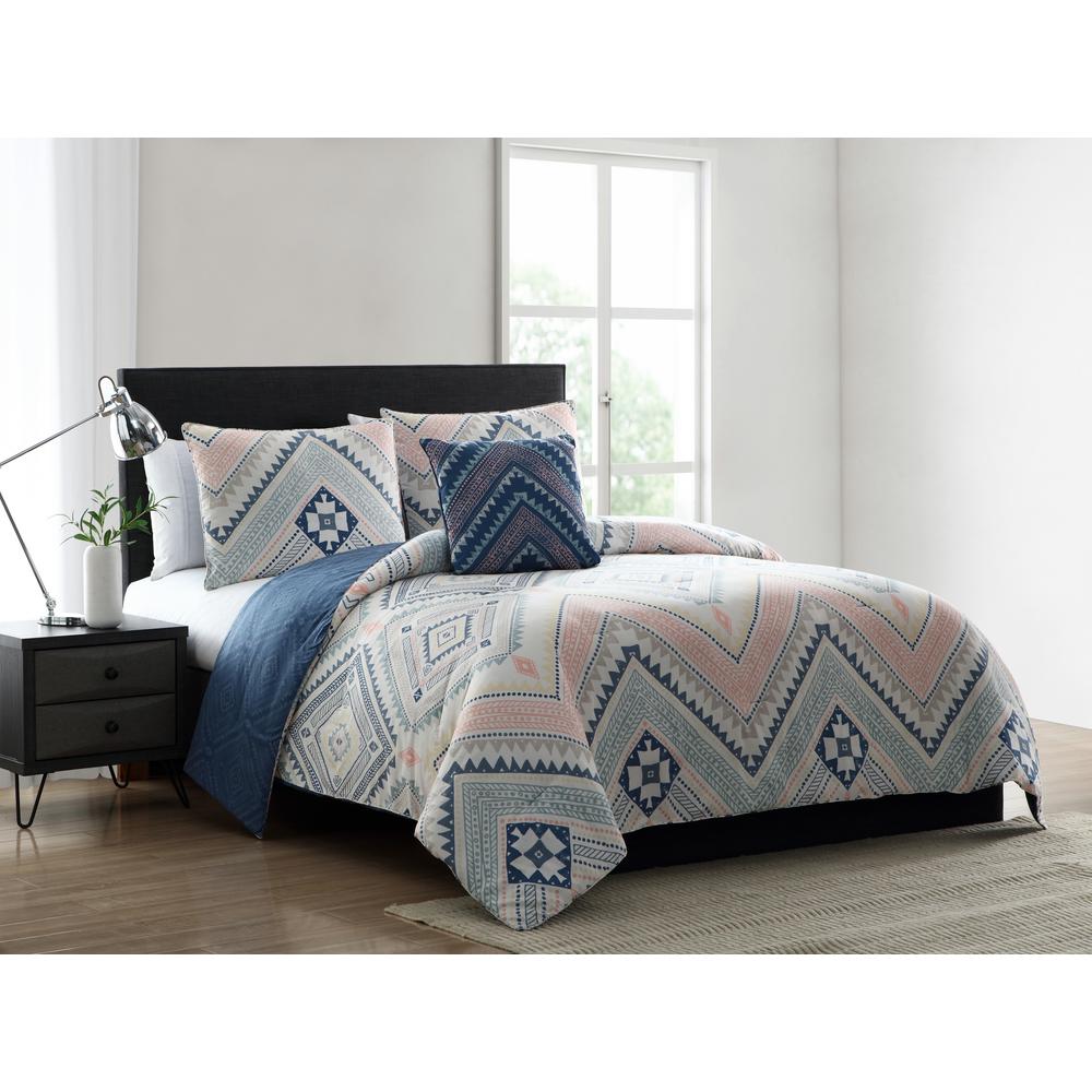 Sarah Blue And Pink Tribal Print Full Queen Comforter Set