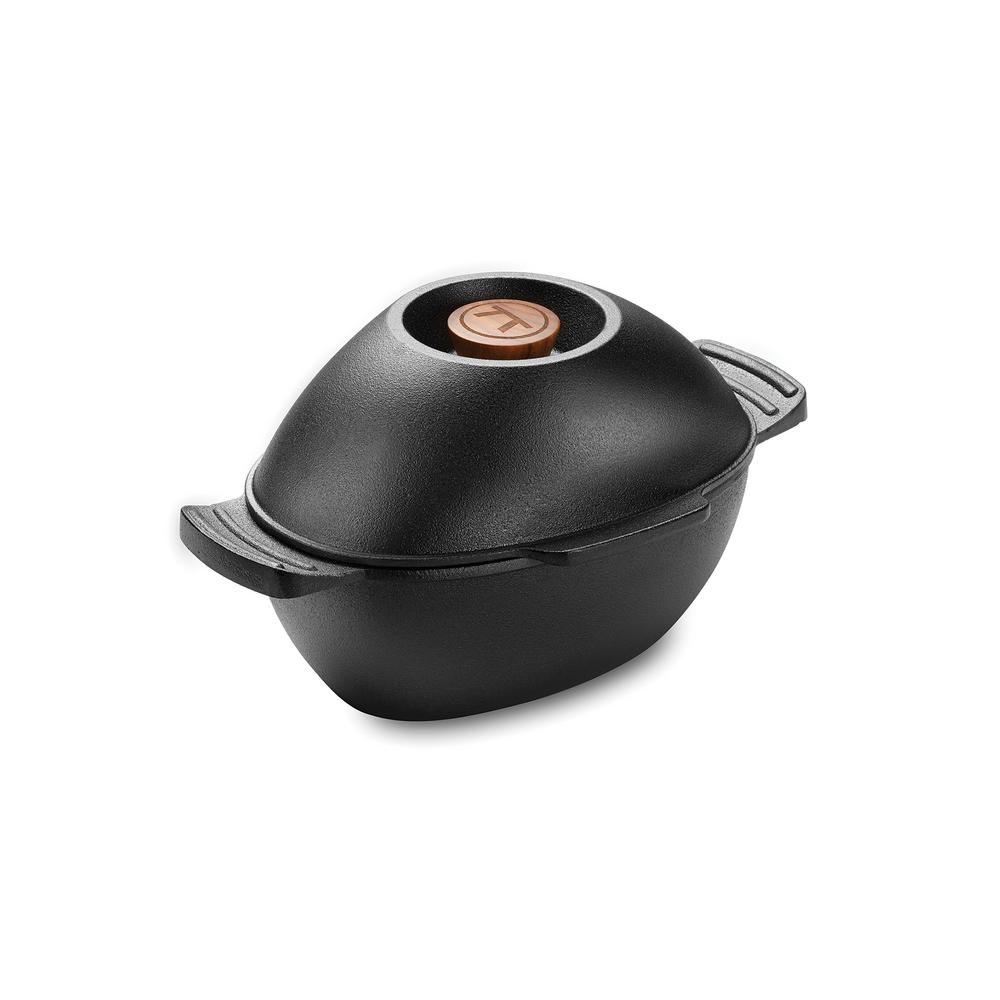 Cast Iron Mussel Pot - Outset: 2.5 Quart Seafood Stew & Chowder Cookware with Acacia Lid