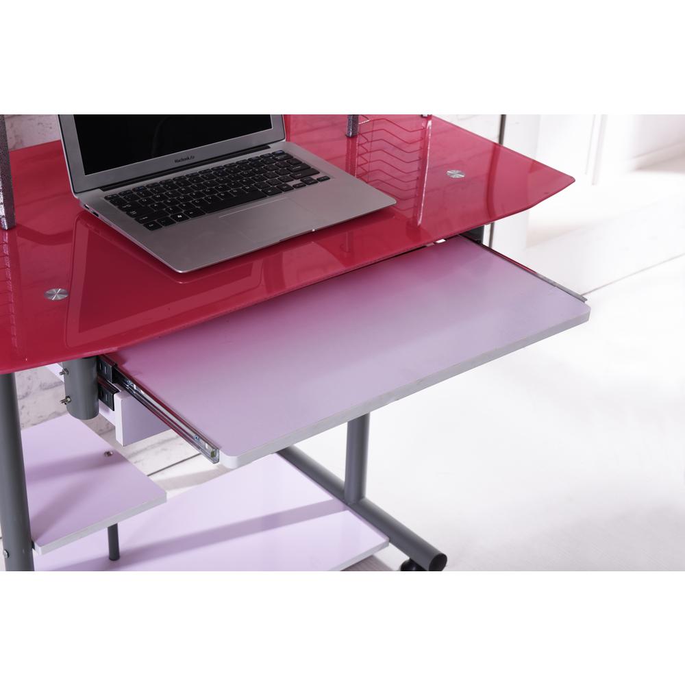 Hodedah Pink Glass Computer Desk With Pull Out Keyboard Tray