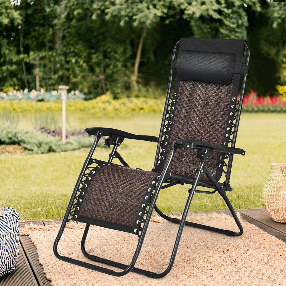 Costway Brown Folding Recliner Rattan Zero Gravity Wicker Patio Lounge Chair With Headrest Op70634cf 1 The Home Depot