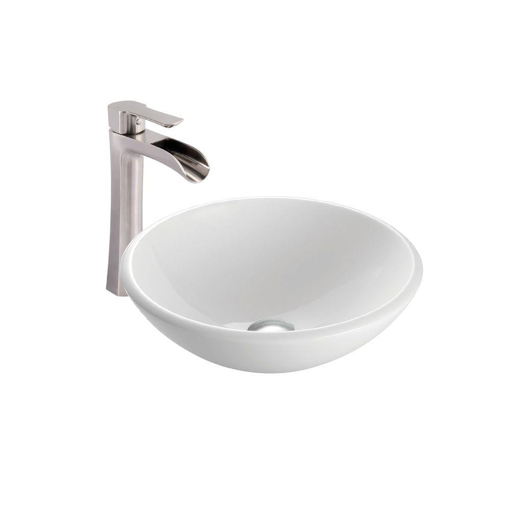 VIGO Vessel Sink in White Phoenix and Niko Faucet Set in Brushed Nickel
