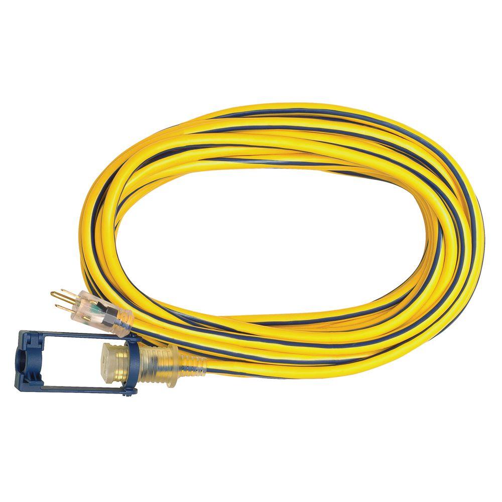 25 Ft 12 3 Sjtw Outdoor Extension Cord With E Zee Lock And Lighted End Yellow Blue Stripe