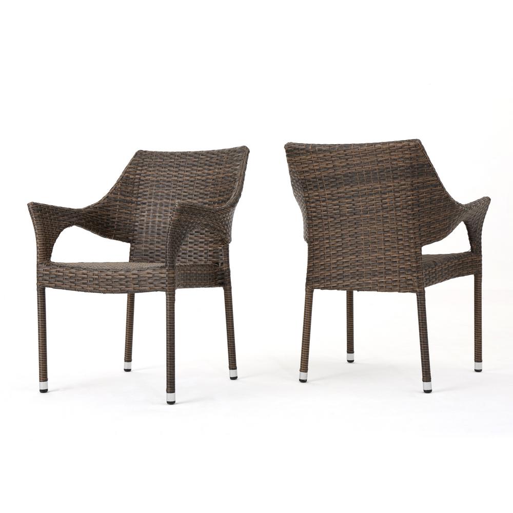 Noble House Alessandro Mix Mocha Stackable Wicker Outdoor Dining Chair 2 Pack