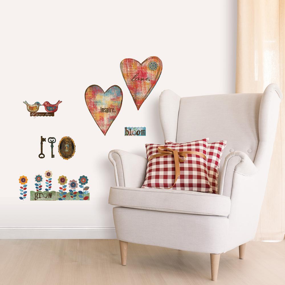 Norwall MultiColored Folk Art Heart and Key Peel and Stick Wall Decals