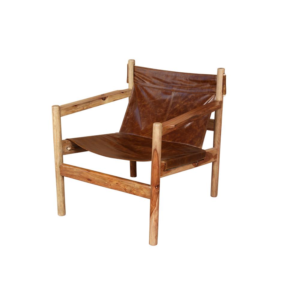 Genoa Brown Leather and Natural Sheesham Wood Leather Sling Chair