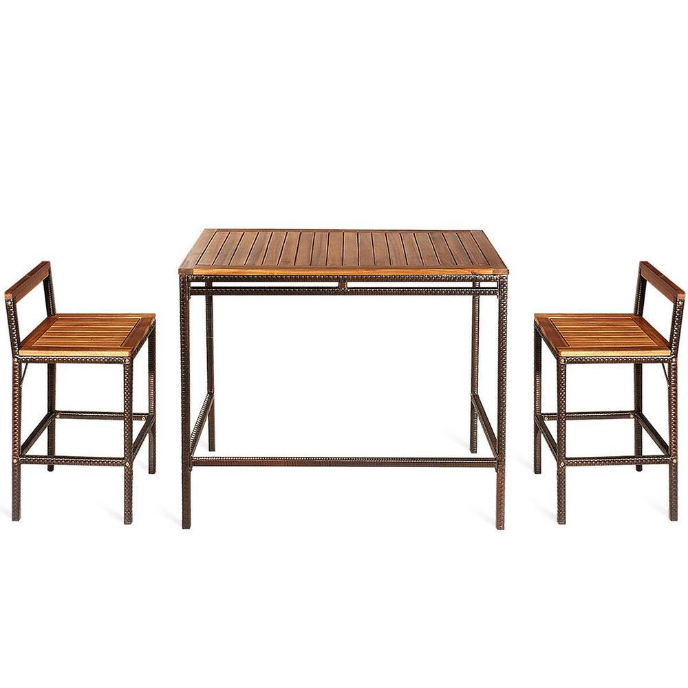 Costway 3 PCS Patio Rattan Wicker Bar wood Table Chair Outdoor