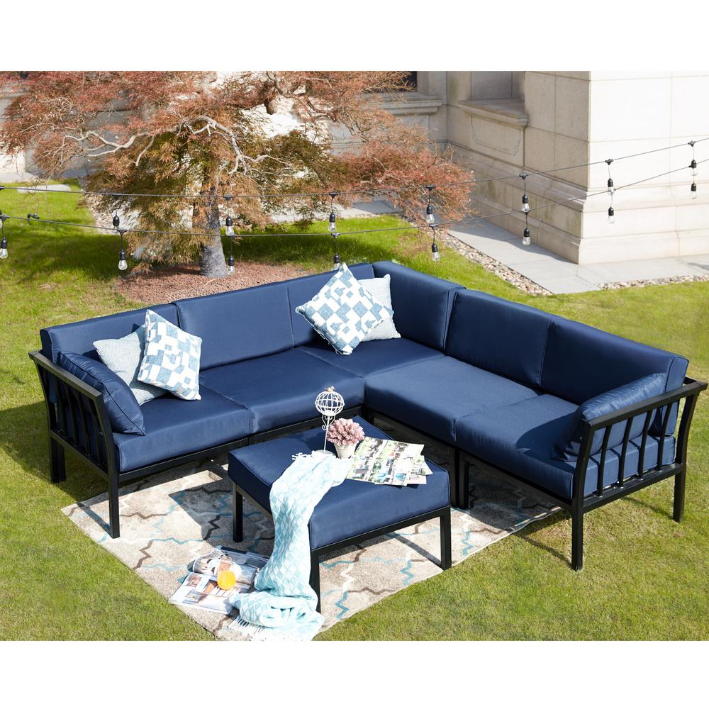 Patio Festival 6-Piece Metal Outdoor Sectional Set With Blue Cushions ...