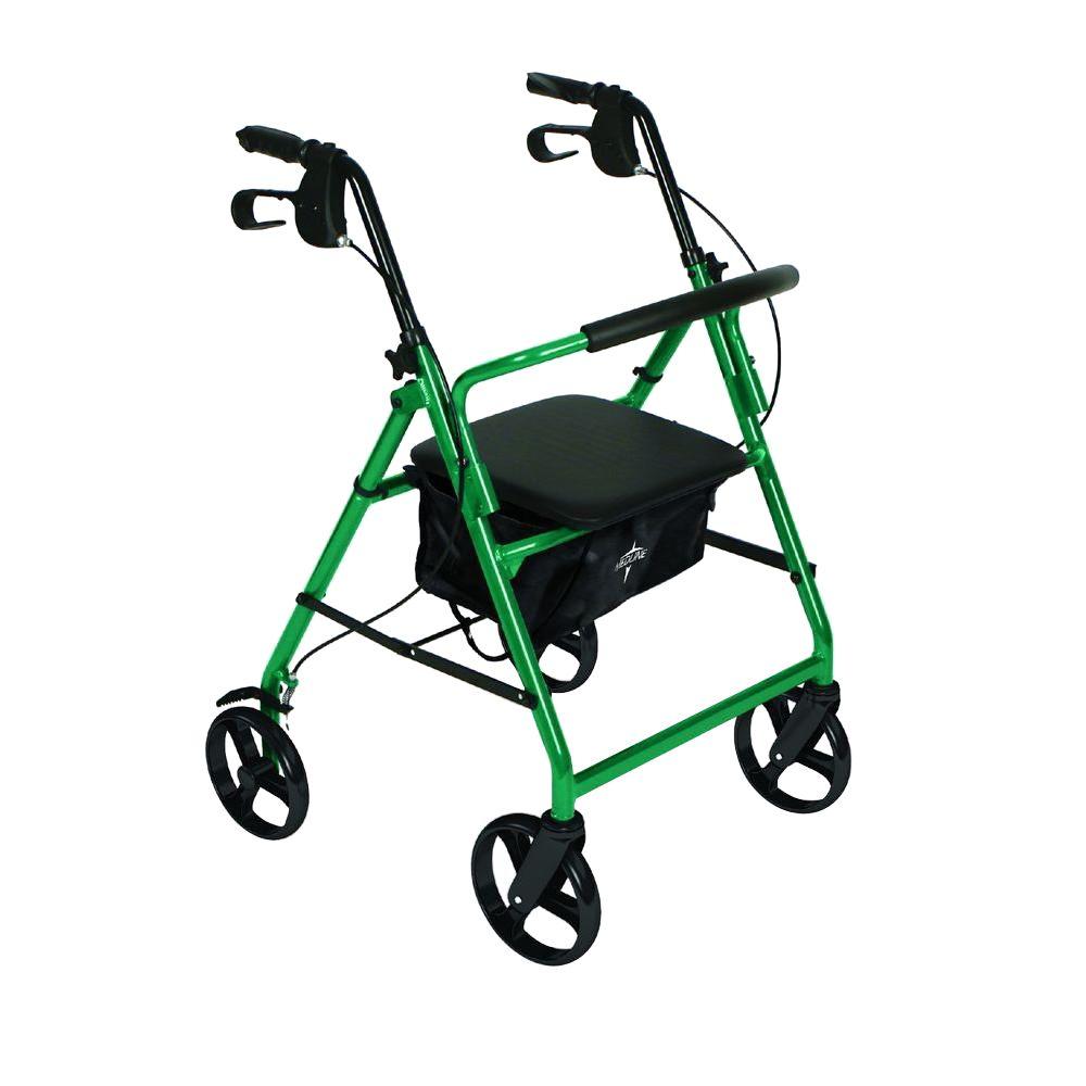 Medline Strong Steel Rollator, Folding Rolling Walker, 6" Wheels, 350lb Weight Capacity, Green Frame