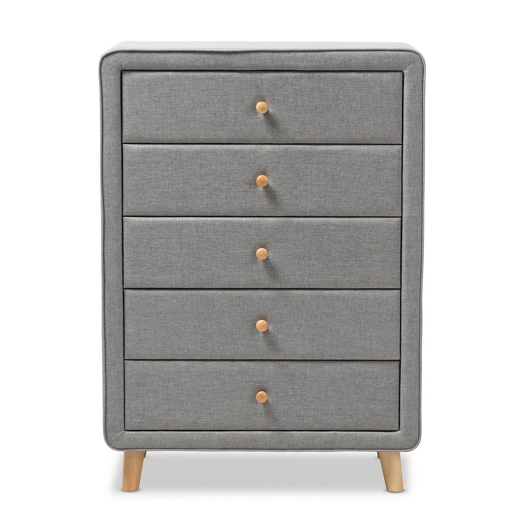 Baxton Studio Jonesy Mid Century 5 Drawer Gray Fabric Upholstered Baxton Studio Jonesy Mid Century 5 Drawer Gray Fabric Upholstered High Chest