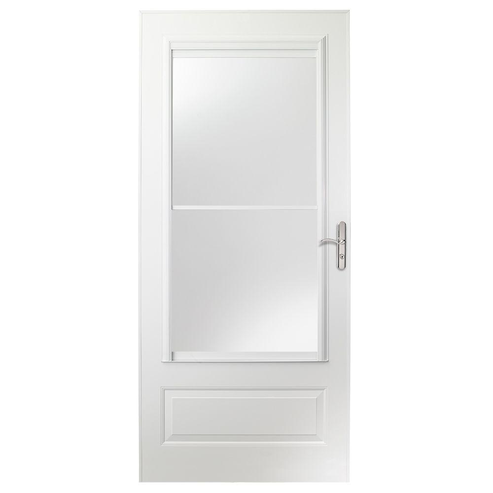 Emco 32 In X 80 In 400 Series White Universal Self Storing Aluminum Storm Door With Nickel Hardware