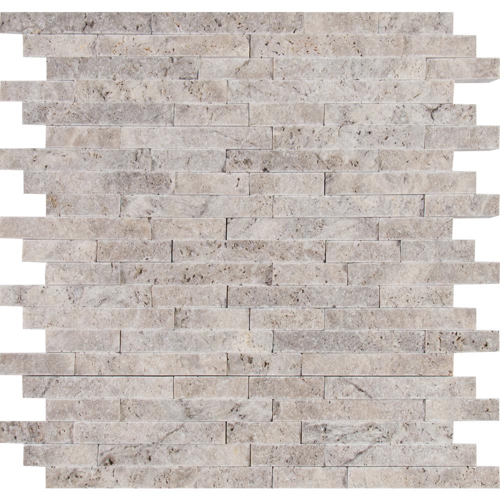 MS International Silver Splitface 11.81 in. x 12.4 in. x 10 mm Travertine Mesh-Mounted Mosaic ...