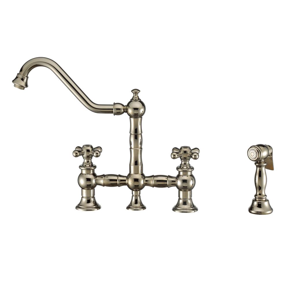 Whitehaus Collection Vintage Iii Plus 2 Handle Bridge Kitchen Faucet With Cross Handles And Solid Brass Side Spray In Polished Nickel