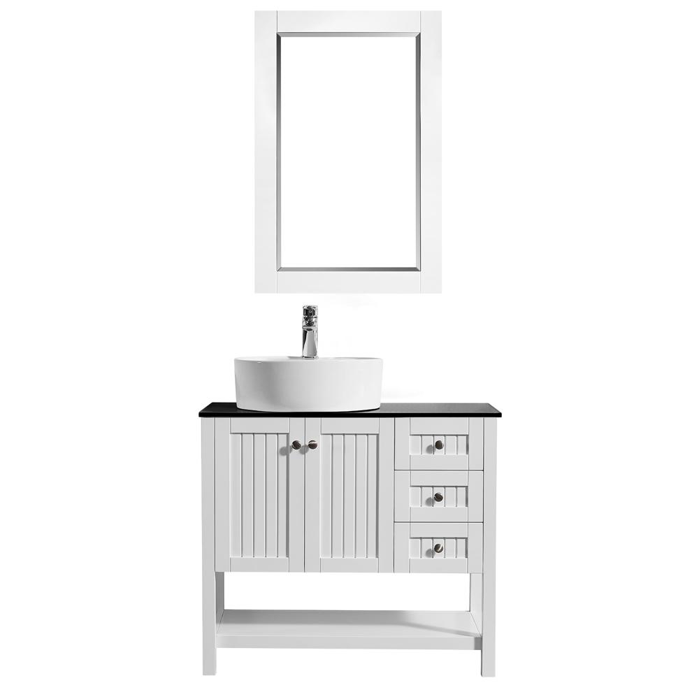 Roswell Modena 36 In W X 18 D Vanity White With Glass Modena 36 In W X 18 D Vanity White With Glass Top Black Basin And Mirror