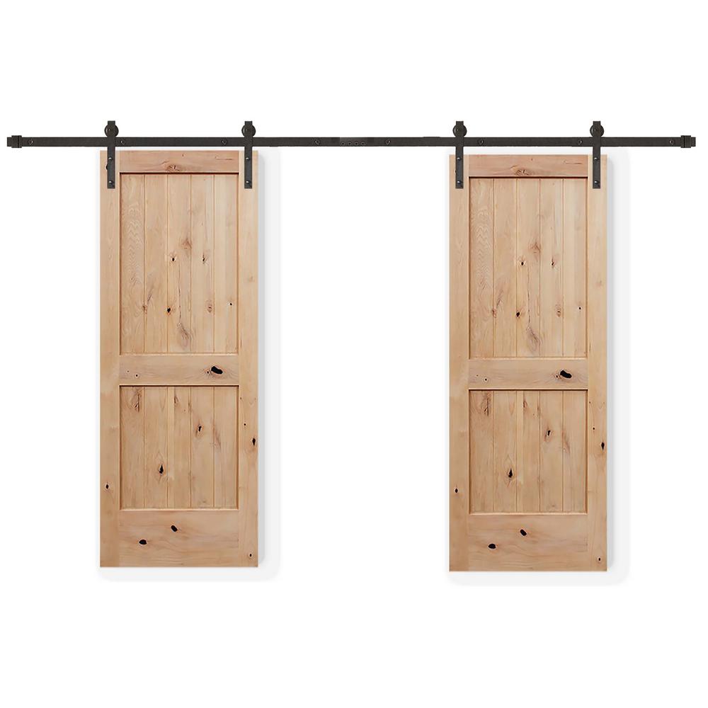 60 In X 80 In Bi Parting 2 Panel V Groove Solid Core Knotty Alder Sliding Barn Door With Bronze Hardware Kit