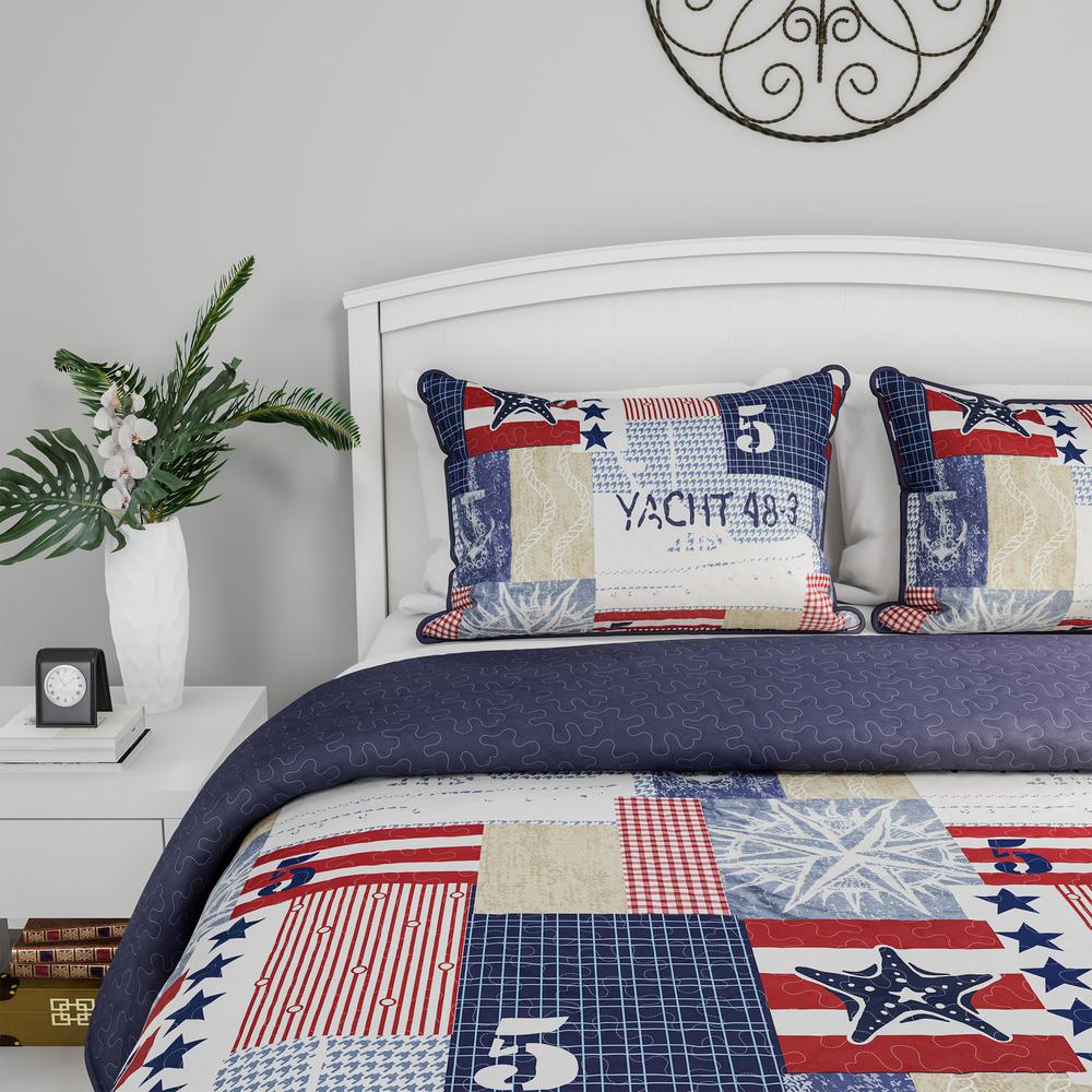 Lavish Home 3 Piece Nautical Red White And Blue Americana Patchwork Print Full Queen Microfiber Quilt Bedspread Set 66hd 10058 Fq The Home Depot