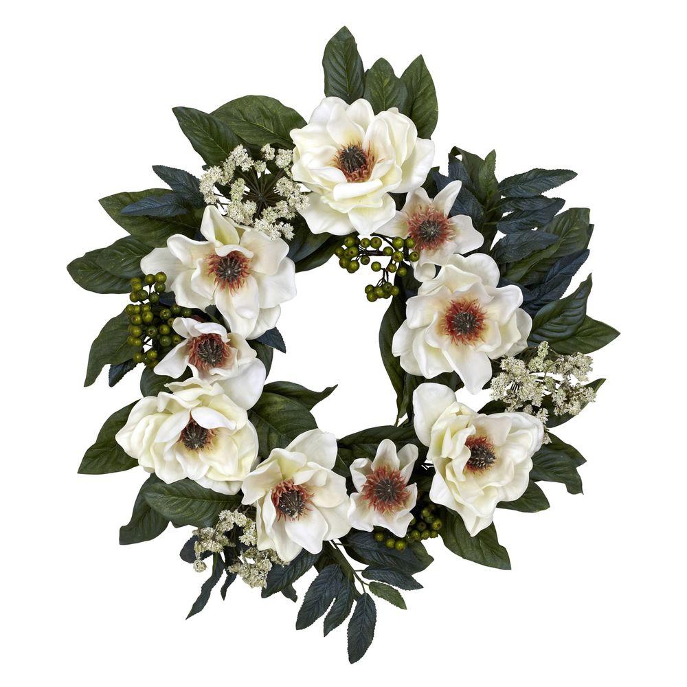 Nearly Natural 22.0 in. H White Magnolia Wreath4793 The Home Depot