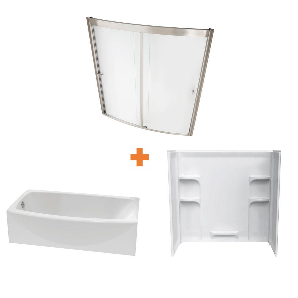Ovation 60 In Standard Fit Left Drain Bathtub Kit With Sliding Tub Shower Wall And Door In Artic White 5 Piece