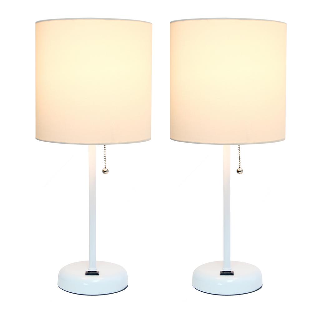 Limelights LC2001-AOW-2PK White Stick Charging Outlet and Aqua Fabric Shade 2 Pack Table Lamp Set,