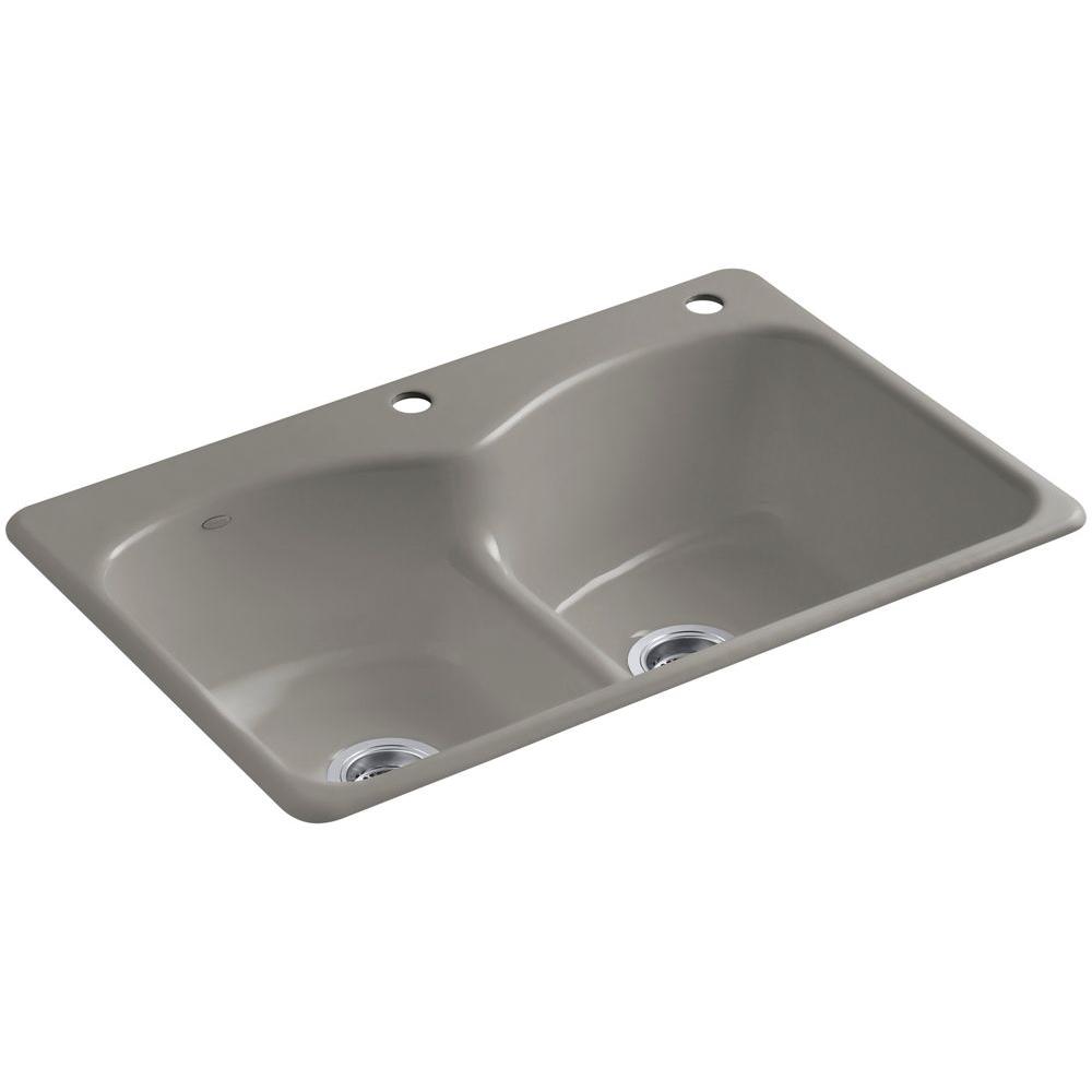 Kohler Langlade Smart Divide Drop In Cast Iron 33 In 2 Hole Double Bowl Kitchen Sink In Cashmere