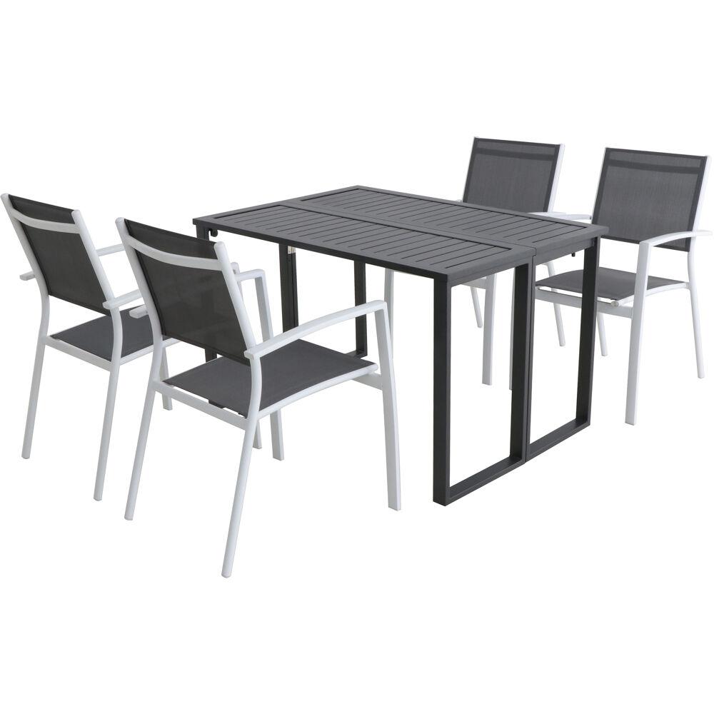 Hanover Conrad White 5 Piece Aluminum Outdoor Dining Set With 4 Stackable Sling Chairs And Convertible Slatted Table Condn5pc Wht The Home Depot