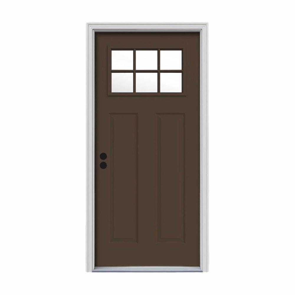 34 In X 80 In 6 Lite Craftsman Dark Chocolate Painted Steel Prehung Right Hand Inswing Front Door W Brickmould