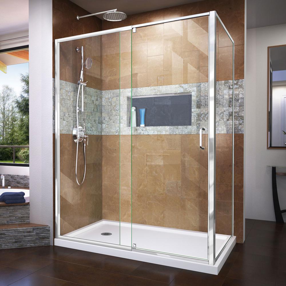 Dreamline Flex 60 In W X 36 In D X 74 75 In Framed Pivot Shower Enclosure In Chrome With Left Drain White Acrylic Base Kit Dl 6720l 01cl The Home Depot