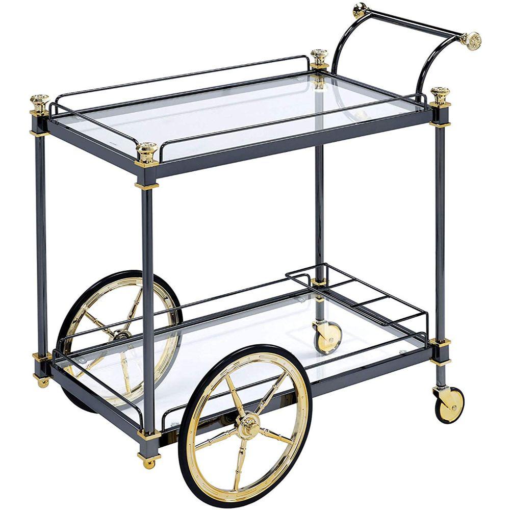 Benjara Black and Gold Metal Framed Serving Cart with Glass Shelves and