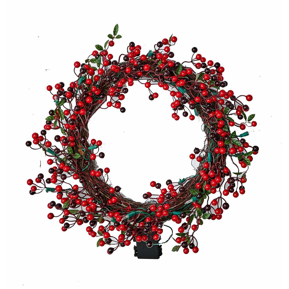 Red Co 30 x 14 Light-Up Christmas Centerpiece with Pine Cones and Cranberries Battery Operated LED Lights with Timer