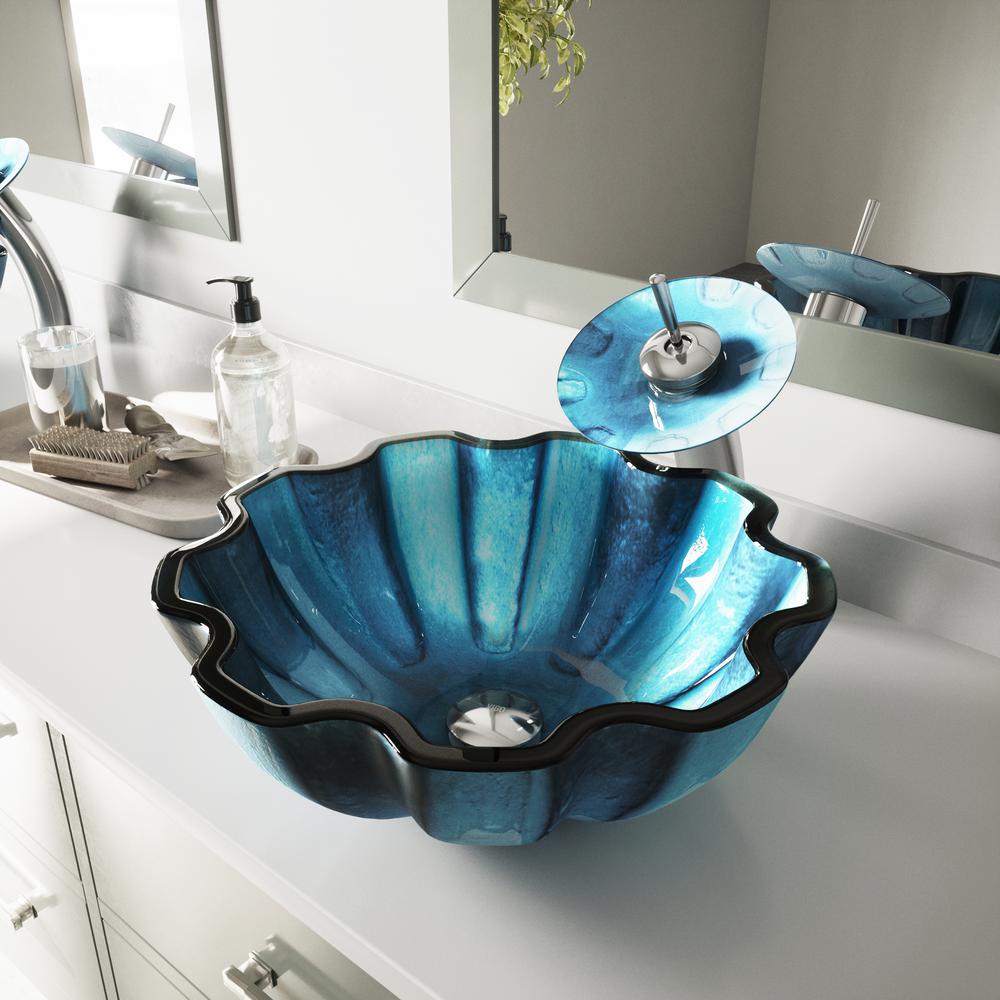 Vigo Mediterranean Blue Seashell Glass Vessel Bathroom Sink In Blue With Waterfall Faucet In Chrome