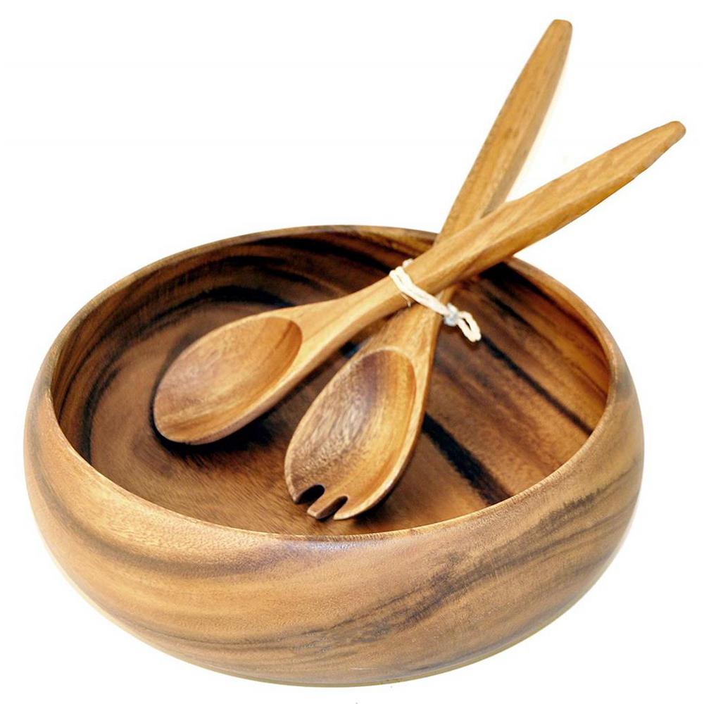 Natural 12 In Wooden Calabash Bowl Set With Salad Servers Of 2 Natural 12 In Wooden Calabash Bowl Set With Salad Servers Of 2