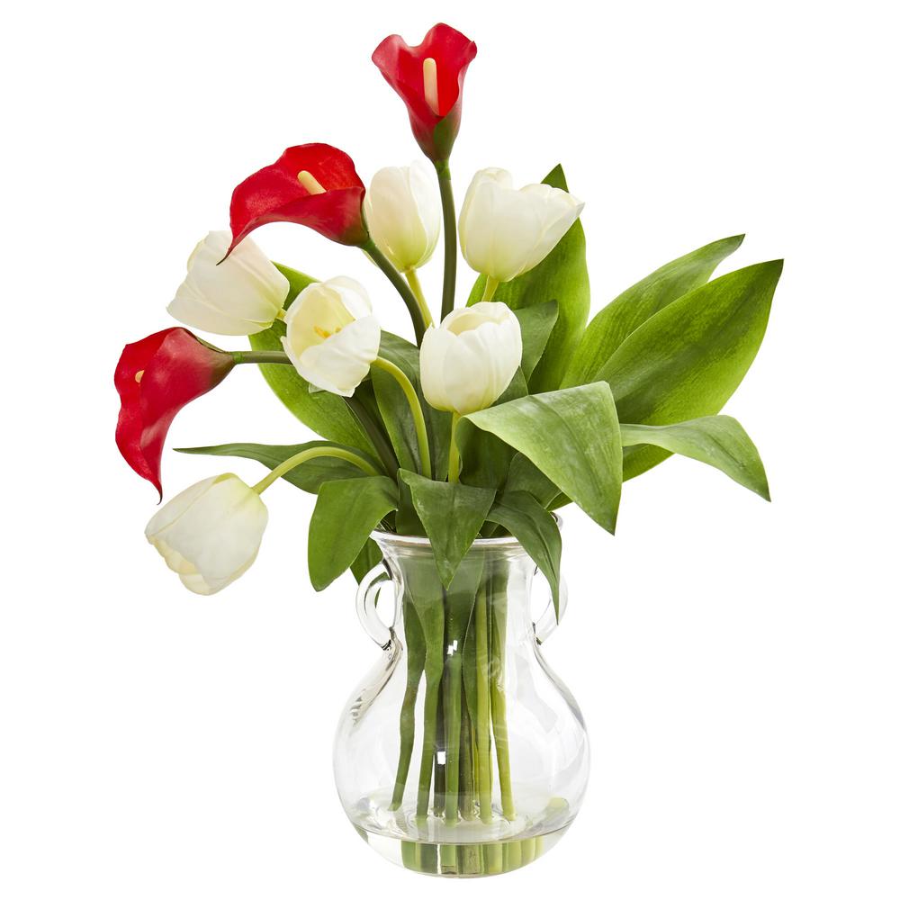 Nearly Natural Tulips with Glass Vase White