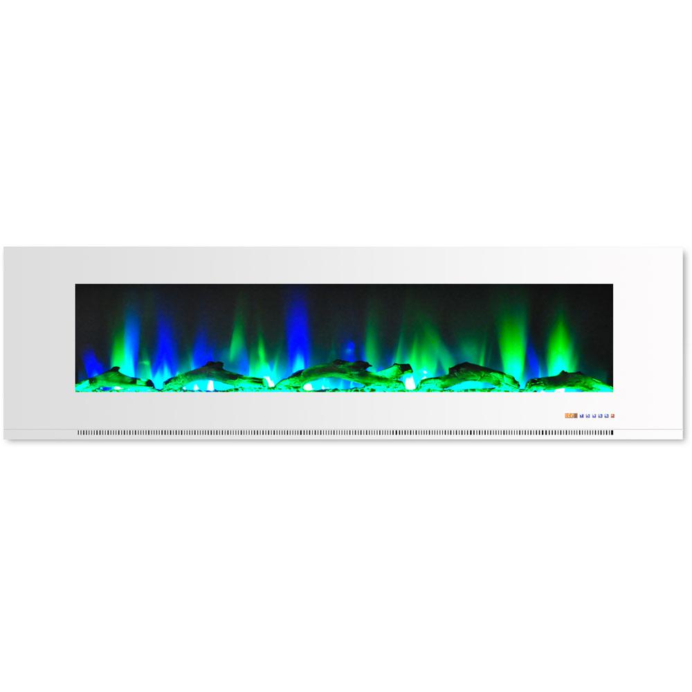 Cambridge 72 In Wall Mount Electric Fireplace White With Multi Color Flames And Driftwood Log Display