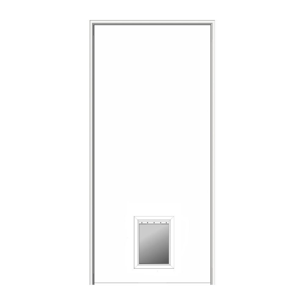 32 In X 84 In 1 3 4 In Thick Flush Right Hand Solid Core Primed Hardboard Single Prehung Interior Door With Pet Door
