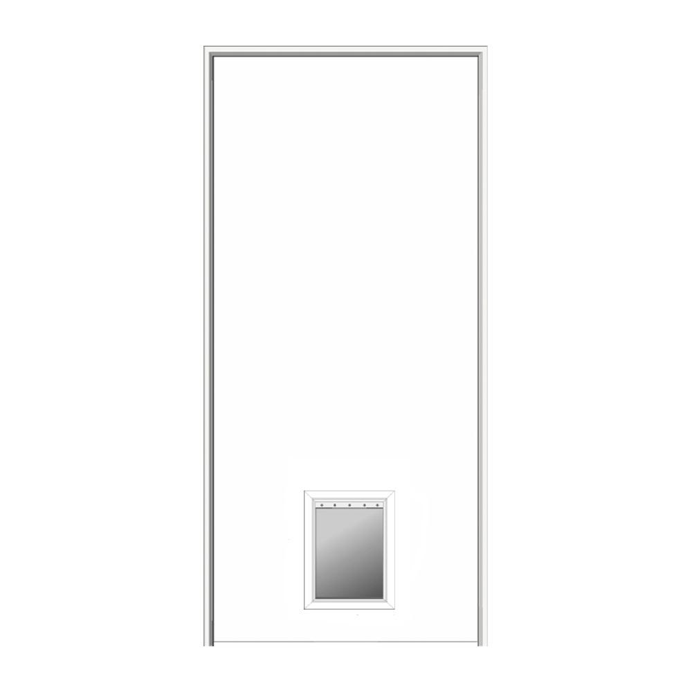 Mmi Door 36 In X 84 In 1 3 4 In Thick Flush Left Hand Solid Core Primed Hardboard Single Prehung Interior Door With Pet Door