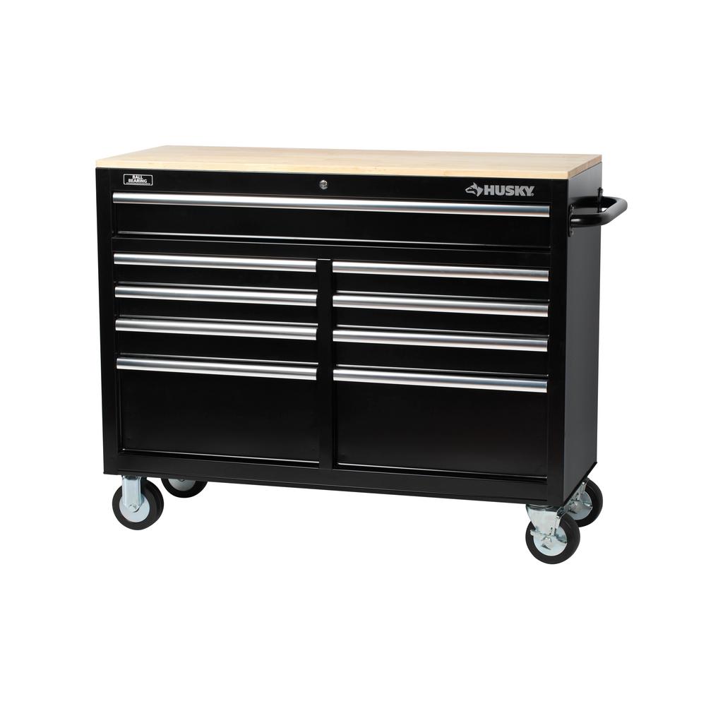 Husky 46 in. 9-Drawer Mobile Workbench with Solid Wood Top, Black ...