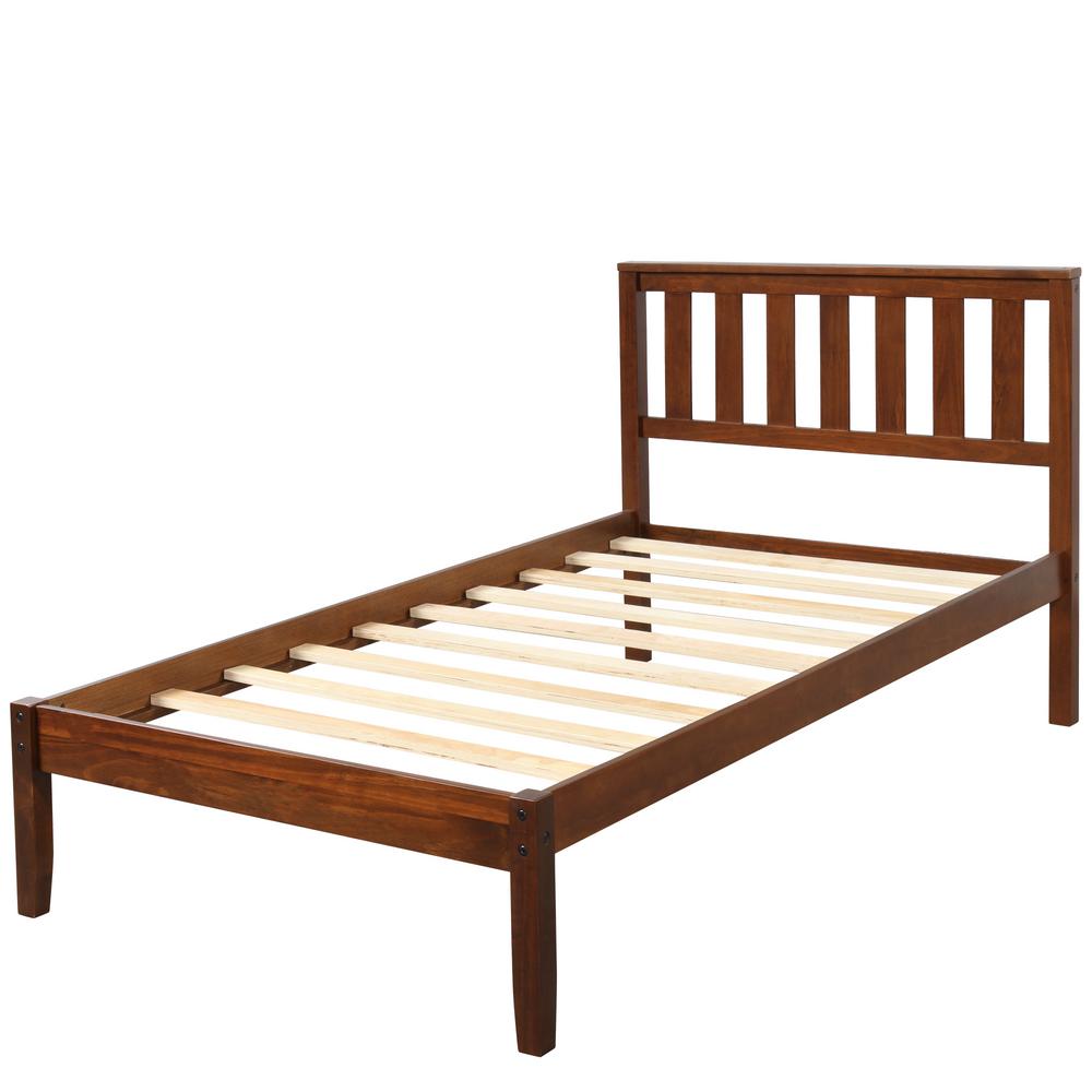 Boyel Living Walnut Twin Wood Platform Bed With Headboard/Wood Slat ...