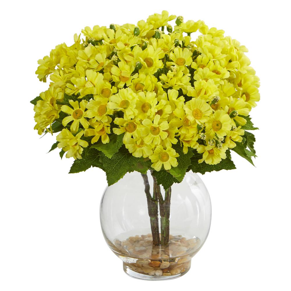 Nearly Natural 1597-YL Mum Artificial Vase Silk Arrangements Yellow
