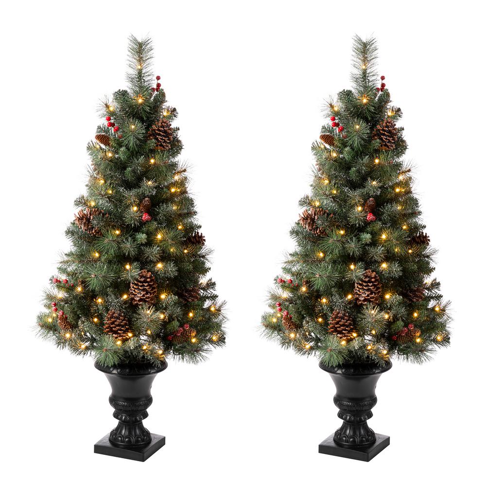Glitzhome 4 ft. Flocked Christmas Tree with 100 Warm White Light, Pinecone and Berries (Set of 2 Glitzhome 4 ft. Flocked Christmas Tree with 100 Warm White Light, Pinecone and Berries (Set of 2