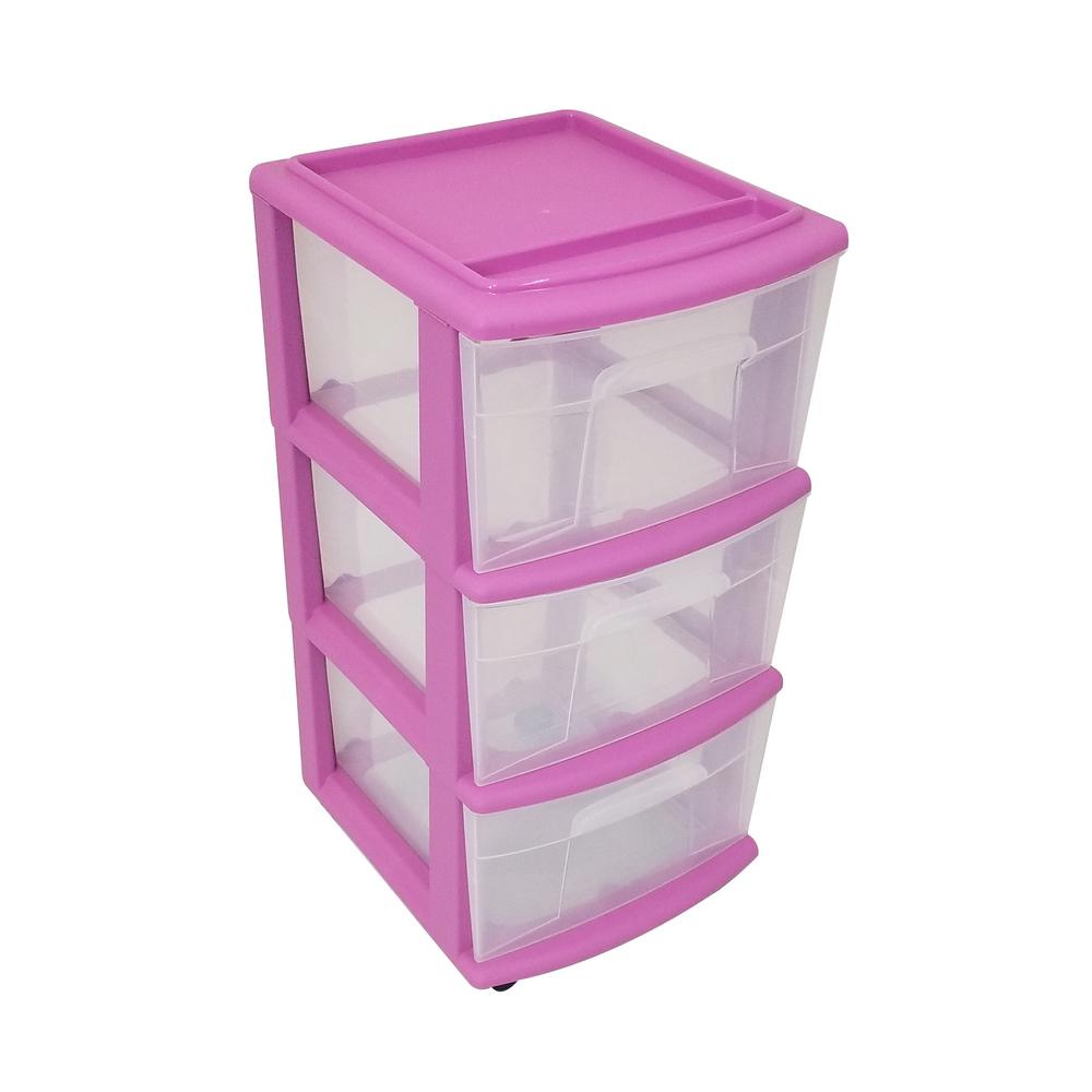 Photo 1 of 14.25 in. W x 25.5 in. H Purple Medium 3-Drawer Cart with Clear Drawers and Optional Casters