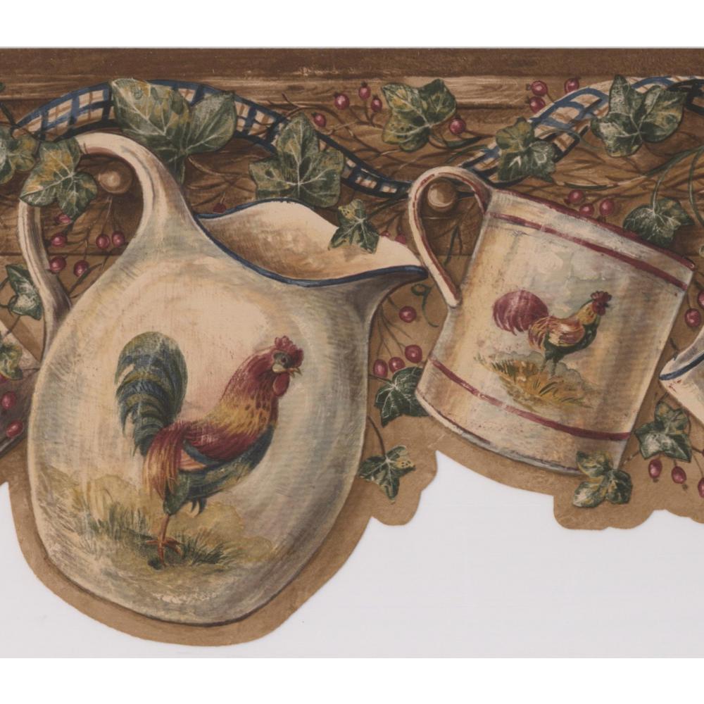 Retro Art White Cup Kettle with Rooster Hanging on Hooks Red Berries